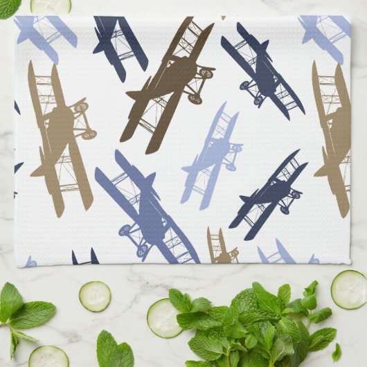 vliegtuigpatroon Blauw bruin Theedoek (Gevouwen)