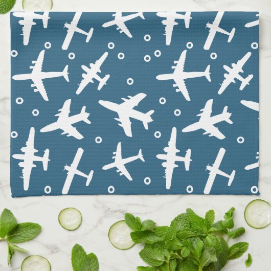 Vliegtuigpatroon Donkerblauw en Wit Luchtvaart Theedoek (Gevouwen)
