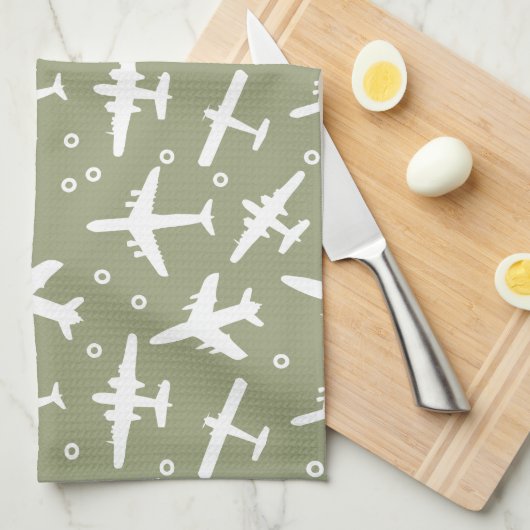 Vliegtuigpatroon Taupe en White Aviation Theedoek (Quarter Fold)