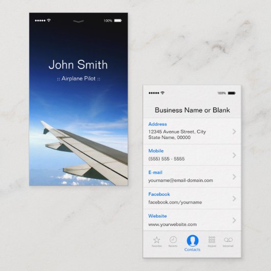 Vliegtuigpiloot - flatUI-stijl Visitekaartje (Voorkant / Achterkant)