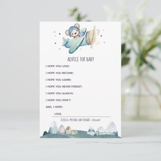 Vliegtuigpiloot Teddy Bear Advice for Baby Informatiekaartje (Staand voorkant)