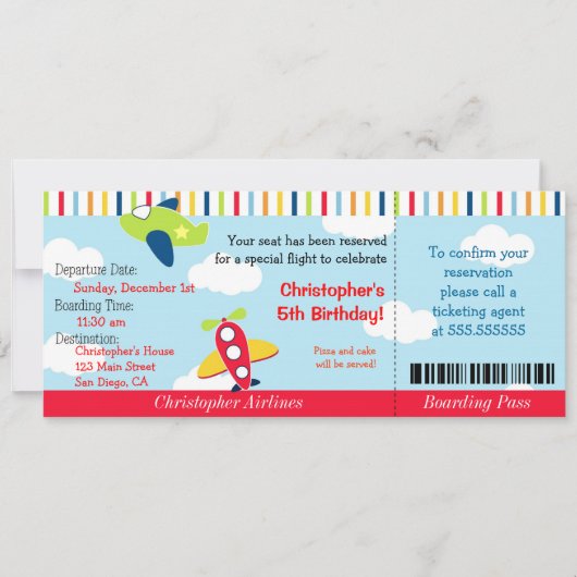 Vliegtuigreis Ticket Birthday Uitnodiging (Voorkant)