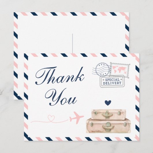 Vliegtuigreis Trouwdouche Bedankt Briefkaart (Voorkant / Achterkant)