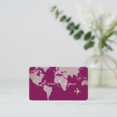Vliegtuigreis Wereldkaart op wijnkleur Visitekaartje (Staand voorkant)