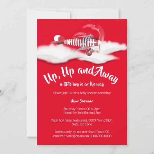 Vliegtuigreizen baby shower jongens  rood kaart (Voorkant)