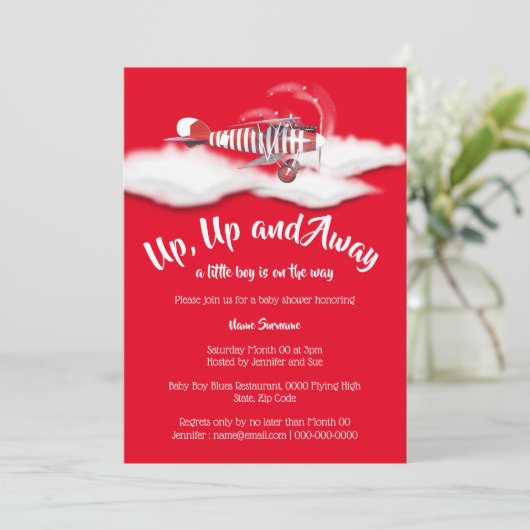 Vliegtuigreizen baby shower jongens  rood kaart (Staand voorkant)