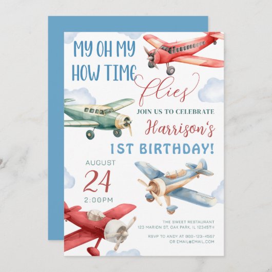 Vliegtuigtijd vliegt op verjaardag kaart (Voorkant / Achterkant)