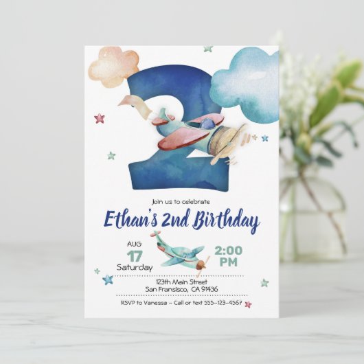 Vliegtuiguitnodiging 2e verjaardag - Vliegtuigthem Kaart (Staand voorkant)