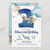 Vliegtuiguitnodiging 2e verjaardag - Vliegtuigthem Kaart (Voorkant / Achterkant)