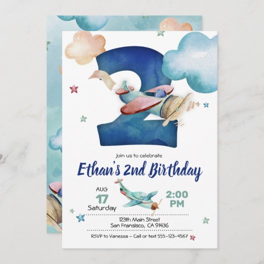 Vliegtuiguitnodiging 2e verjaardag - Vliegtuigthem Kaart (Voorkant / Achterkant)