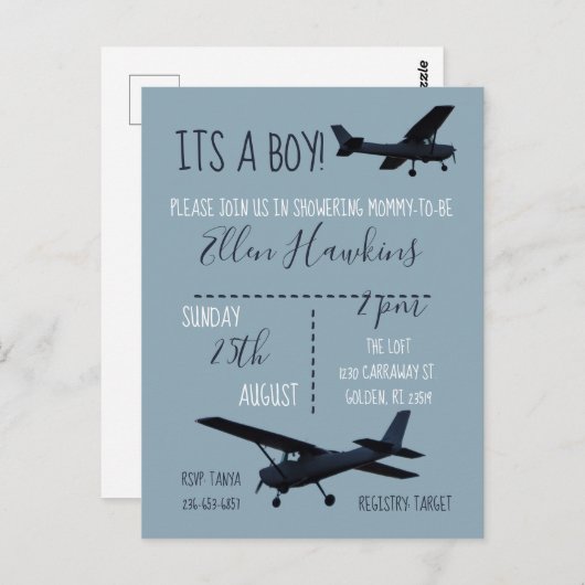 Vliegtuiguitnodiging voor Baby shower Briefkaart (Voorkant / Achterkant)