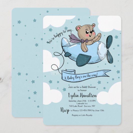 Vliegtuiguitnodiging voor Baby shower Kaart (Voorkant / Achterkant)