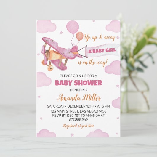 Vliegtuiguitnodiging voor Baby shower Kaart (Staand voorkant)