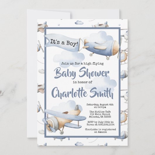 Vliegtuiguitnodiging voor Baby shower Kaart (Voorkant)