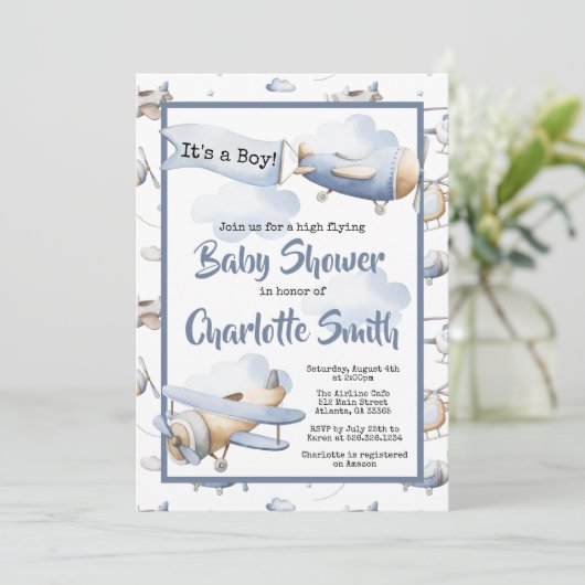Vliegtuiguitnodiging voor Baby shower Kaart (Staand voorkant)