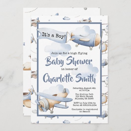 Vliegtuiguitnodiging voor Baby shower Kaart (Voorkant / Achterkant)