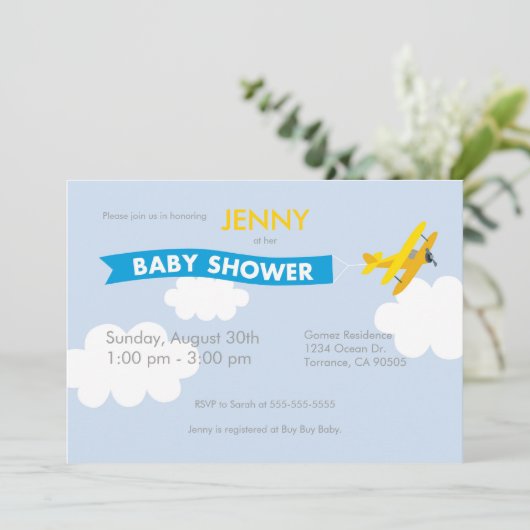 Vliegtuiguitnodiging voor Baby shower Kaart (Staand voorkant)
