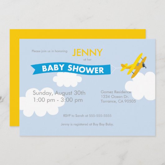Vliegtuiguitnodiging voor Baby shower Kaart (Voorkant / Achterkant)