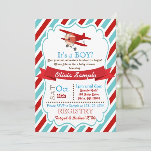 Vliegtuiguitnodiging voor Baby shower Kaart (Staand voorkant)