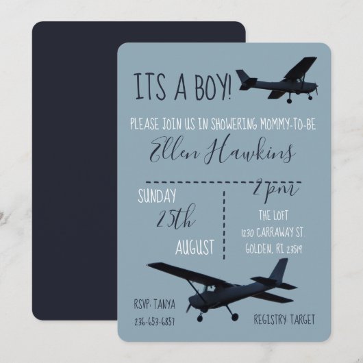 Vliegtuiguitnodiging voor Baby shower Kaart (Voorkant / Achterkant)