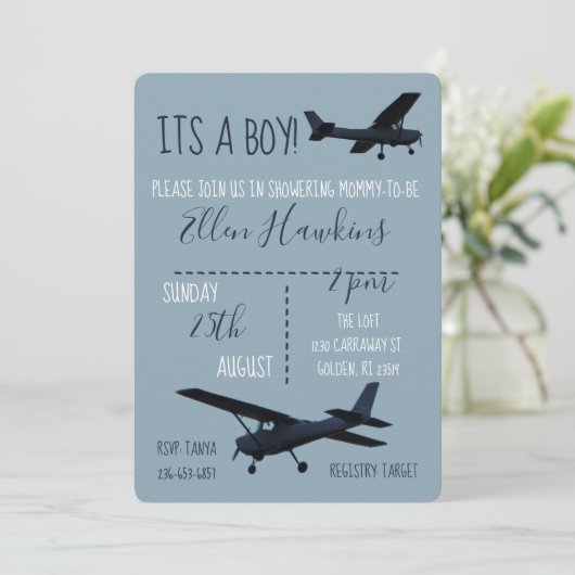 Vliegtuiguitnodiging voor Baby shower Kaart (Staand voorkant)