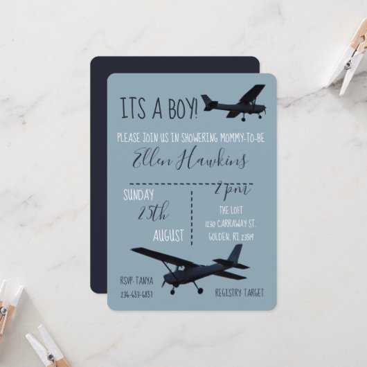 Vliegtuiguitnodiging voor Baby shower Kaart (Voorkant / Achterkant in situ)
