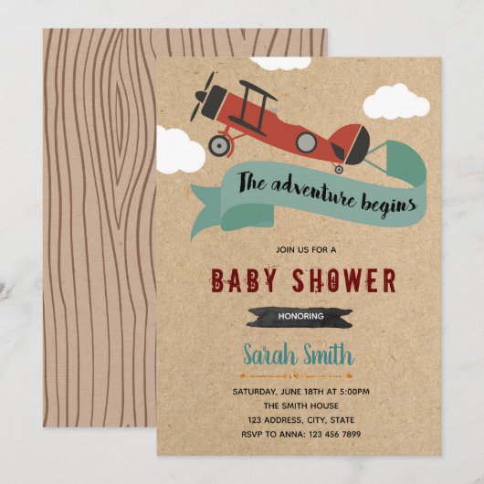 Vliegtuiguitnodiging voor het baby showers van de  kaart (Voorkant / Achterkant)