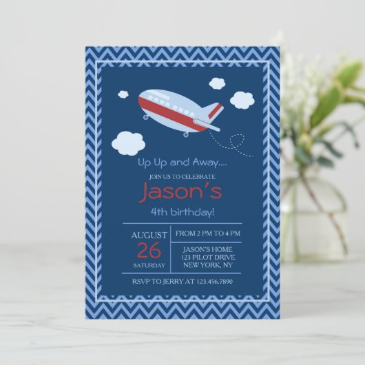 Vliegtuigverjaardagsfeestje uitnodiging rood en bl (Staand voorkant)