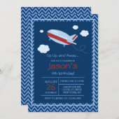 Vliegtuigverjaardagsfeestje uitnodiging rood en bl (Voorkant / Achterkant)