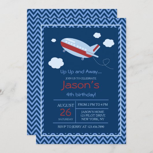 Vliegtuigverjaardagsfeestje uitnodiging rood en bl (Voorkant / Achterkant)