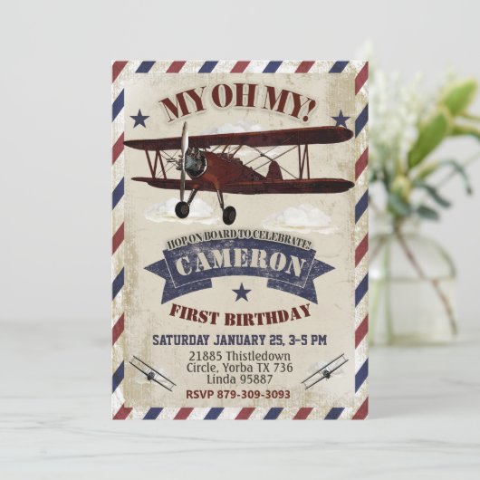 Vliegtuigverjaardagsuitnodiging thema kaart (Staand voorkant)