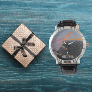 Vliegtuigvleugel foto van zonsopgang, gepersonalis horloge