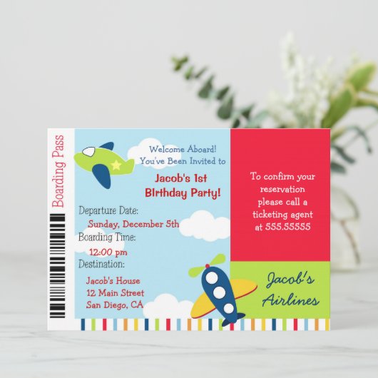 Vliegtuigvliegtuig Ticket Birthday Party Uitnodigi Kaart (Staand voorkant)
