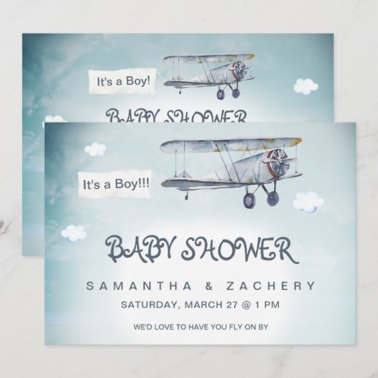 *~*  Vliegtuigwolken Banner Baby Boy Shower Kaart (Voorkant / Achterkant)