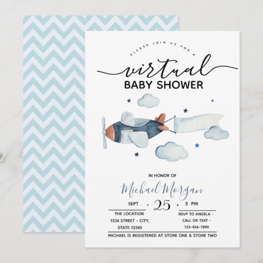 Vliegtuigwolken Zigzag Virtual Baby shower Kaart (Voorkant / Achterkant)
