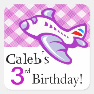 vliegveld Gingham Birthday Party Favor   lila Vierkante Sticker