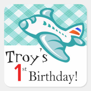 vliegveld Gingham Birthday Party Favor   Mint aqua Vierkante Sticker