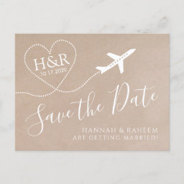 Vliegverbod Monogram Kraft Destination Weddate Aankondigingskaart