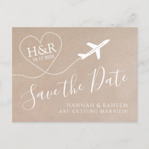 Vliegverbod Monogram Kraft Destination Weddate Aankondigingskaart