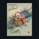 vliegvissen | Man Verjaardag Vintage Briefkaart<br><div class="desc">man verjaardagskaartwerk leest 'Een verjaardagswens voor mijn man'. Er is een tekening in zachte natuur tinten van blauw,  groen en rood. Het show is een visserskorenmand,  vlieghengel,  takeldoos en takel buiten tussen een veld en bloemen.</div>