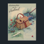 vliegvissen | Man Verjaardag Vintage Briefkaart<br><div class="desc">man verjaardagskaartwerk leest 'Een verjaardagswens voor mijn man'. Er is een tekening in zachte natuur tinten van blauw,  groen en rood. Het show is een visserskorenmand,  vlieghengel,  takeldoos en takel buiten tussen een veld en bloemen.</div>