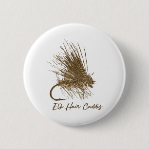 Vliegvissen vintage elandharen caddis tekening ronde button 5,7 cm