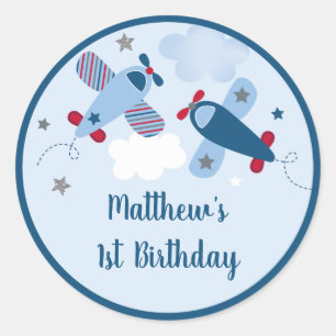 Vliegvliegtuig Stars Clouds Boy Birthday Ronde Sticker