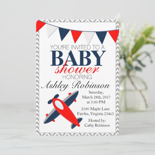Vliegvliegtuig | Uitnodiging tot Baby shower (Staand voorkant)