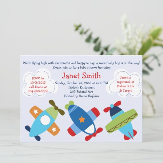 Vliegvliegtuigen Baby shower-uitnodiging Kaart (Staand voorkant)