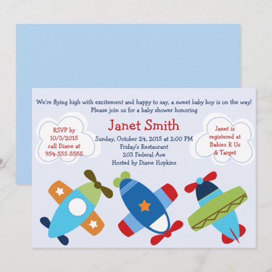 Vliegvliegtuigen Baby shower-uitnodiging Kaart (Voorkant / Achterkant)