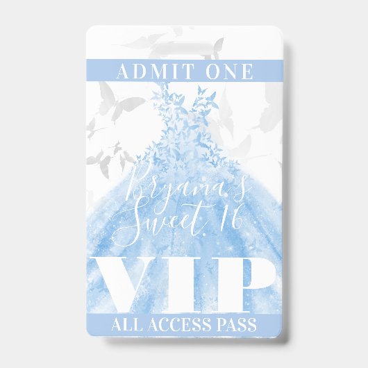 Vlindans Blauw Zilver Sweet 16 VIP Pas Badge (Voorzijde)