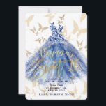 Vlindans Blauwe Jurk Goud Sweet 16 Kaart<br><div class="desc">Aanpasbaar voor elk evenement</div>