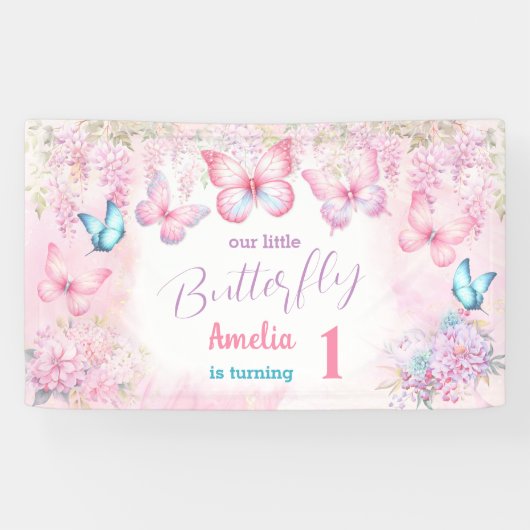 Vlinder 1e verjaardag meisje roze zomer banner (Horizontaal)