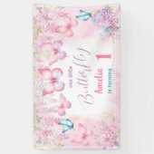 Vlinder 1e verjaardag meisje roze zomer banner (Verticaal)